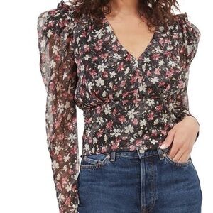 Astr Floral V-Neck Blouse with Sheer Sleeves